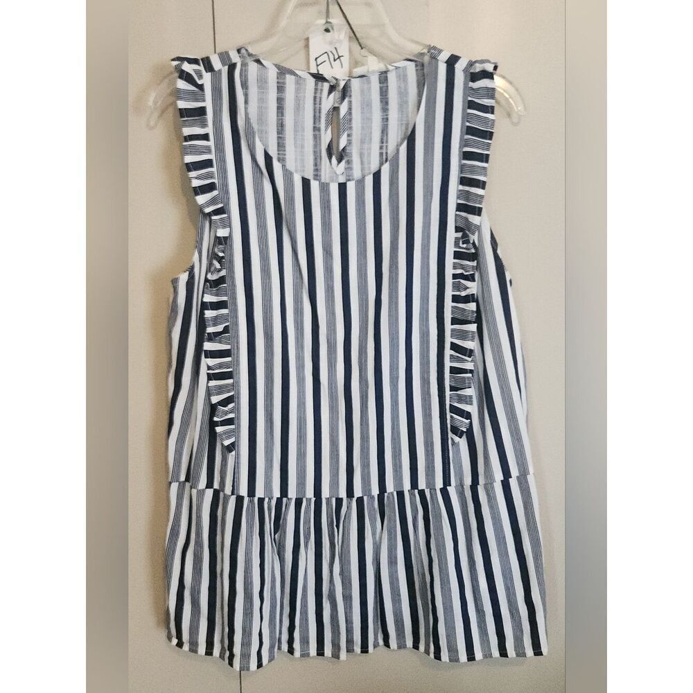 F14 Cotton Bleu Striped Ruffle Sleeveless Peplum Top - Navy & White